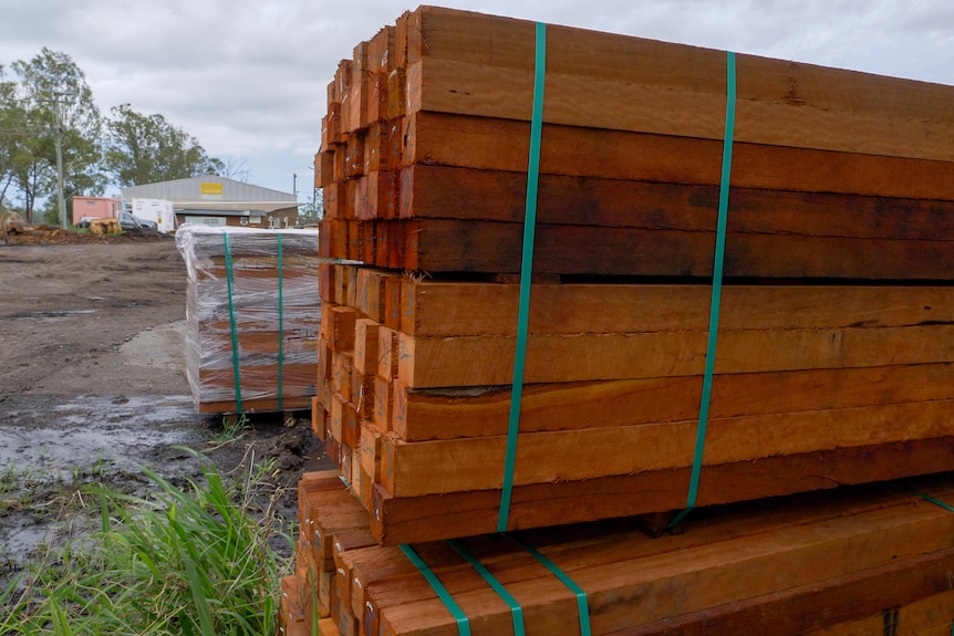 A pallet of rough sawn timber at the Dingo sawmill, Queensland, November 2021.