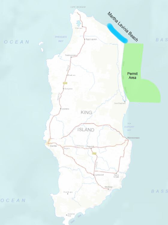 A map showing the area off King Island where Tassal has been granted a permit to explore potential salmon farming.