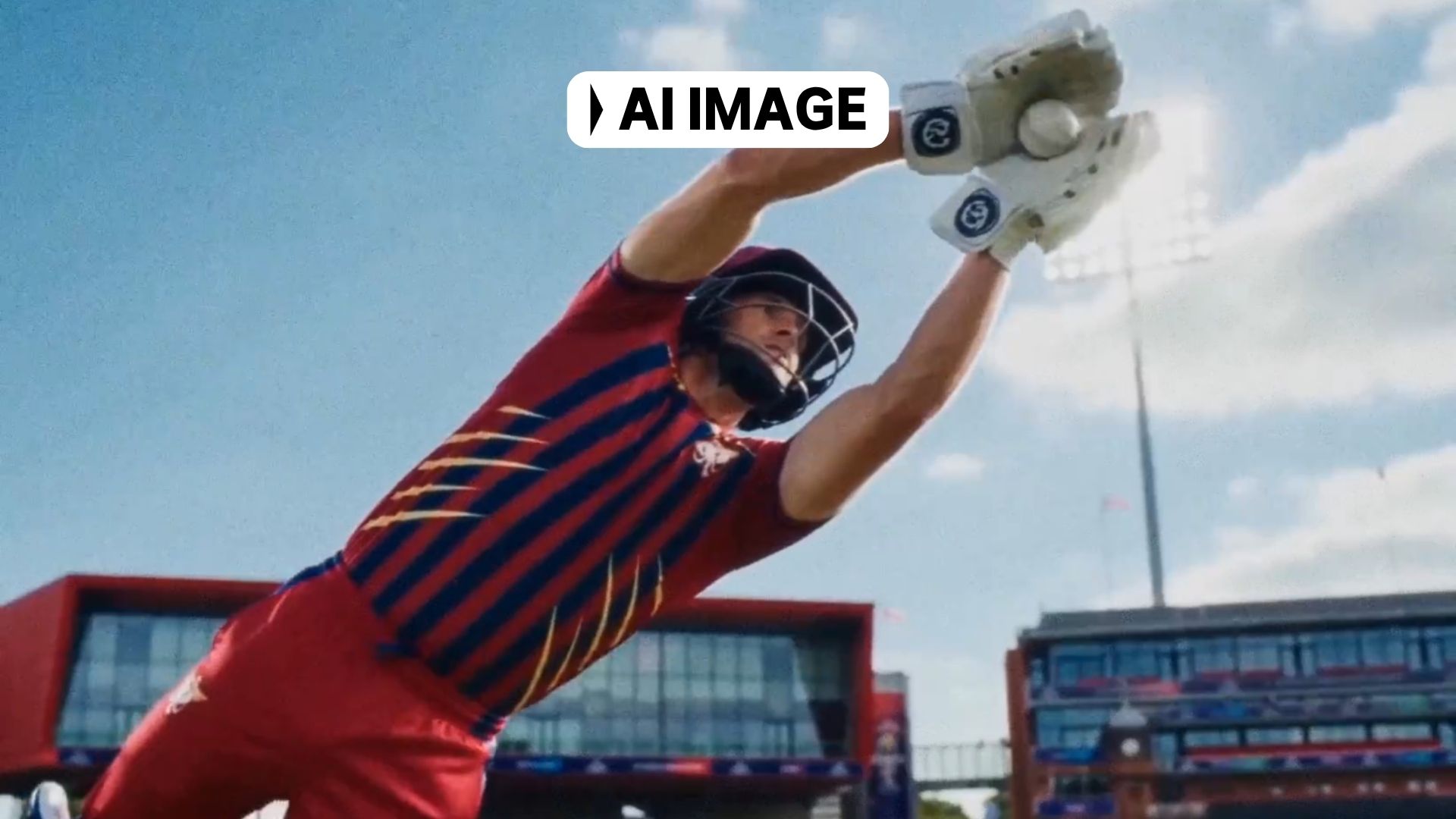 An AI rendering of a wicketkeeper taking a catch in a Manchester Super Giants kit.