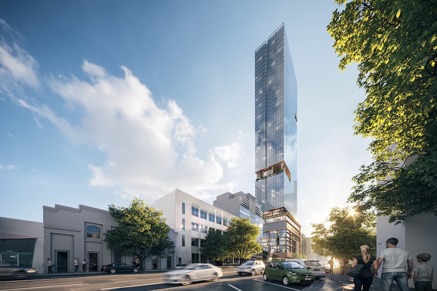 A graphic of the SA1 Tower, one of Adelaide's proposed tallest buildings. It shows a building rising from a streetscape.