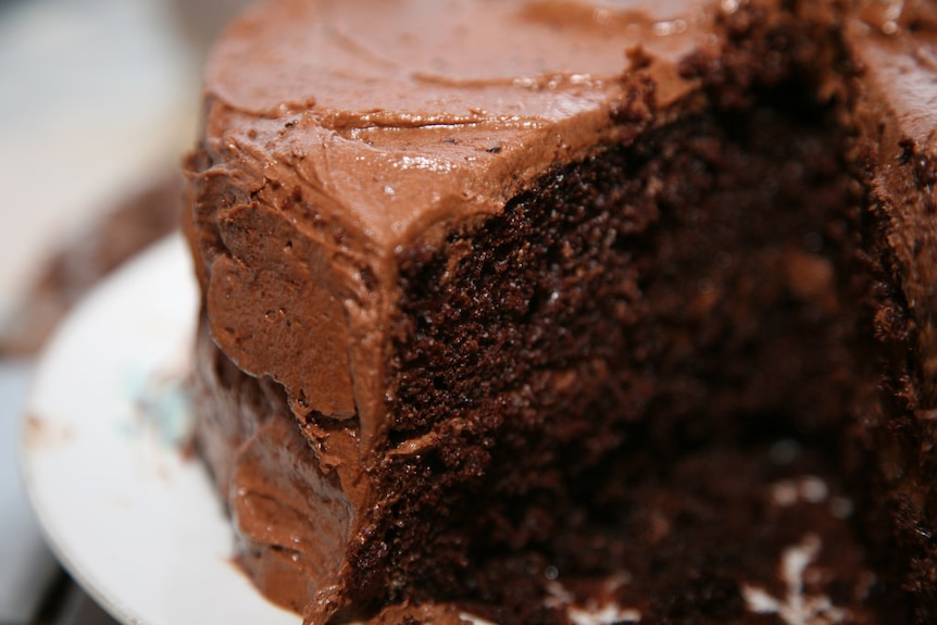 Close up photo of a chocolate cake with chocolate icing.