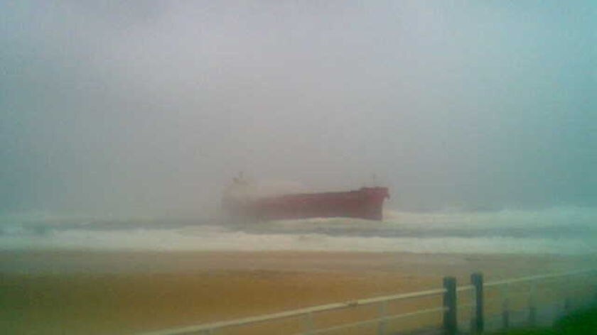 The stricken freighter listing 100 metres off Nobbys Beach, Newcastle.