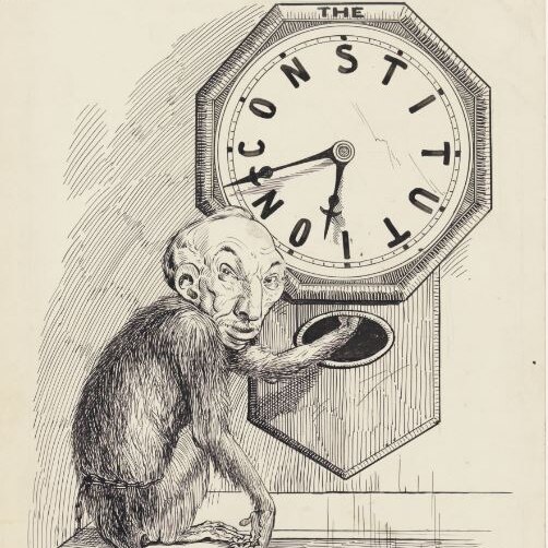 cartoon of monkey messing around with a clock called the Constitution