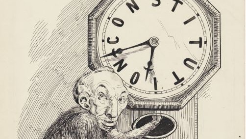 cartoon of monkey messing around with a clock called the Constitution