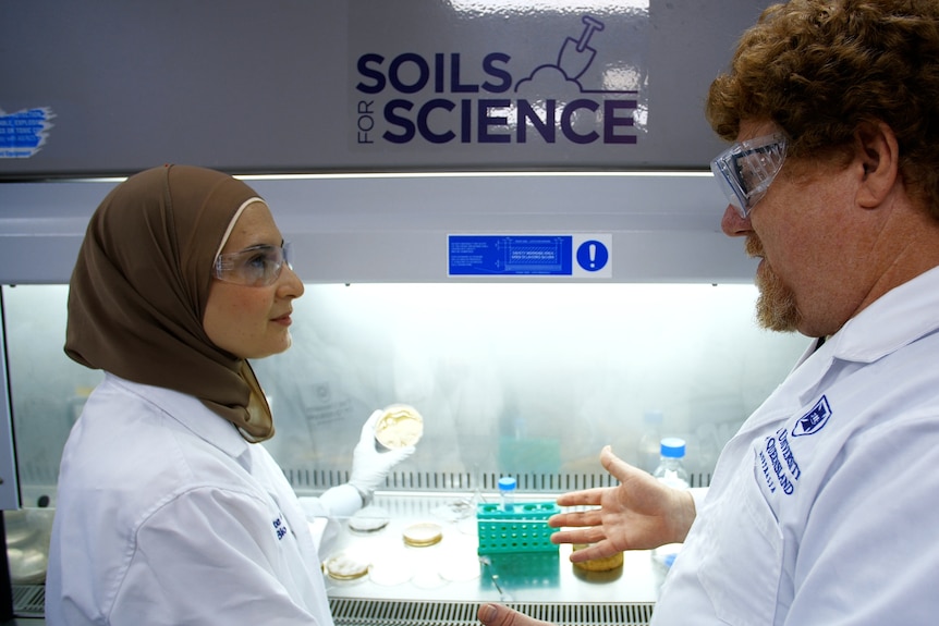 Two researchers stand in a lab, one is holding an agar plate with bacteria on it.