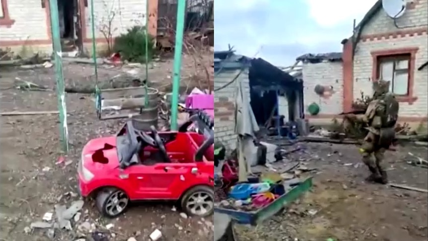 A composite image of a damaged swing and child's toy car in a backyard, with an image of an armed soldier in the backyard