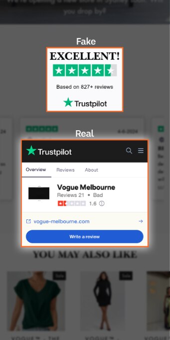 Mobile view of a shopping website called Vogue Melbourne. A real trustpilot rating is present which says bad.