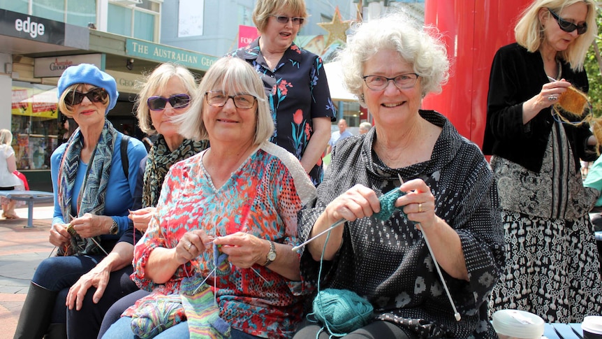 Tassie Nannas knitting in Hobart's Mall