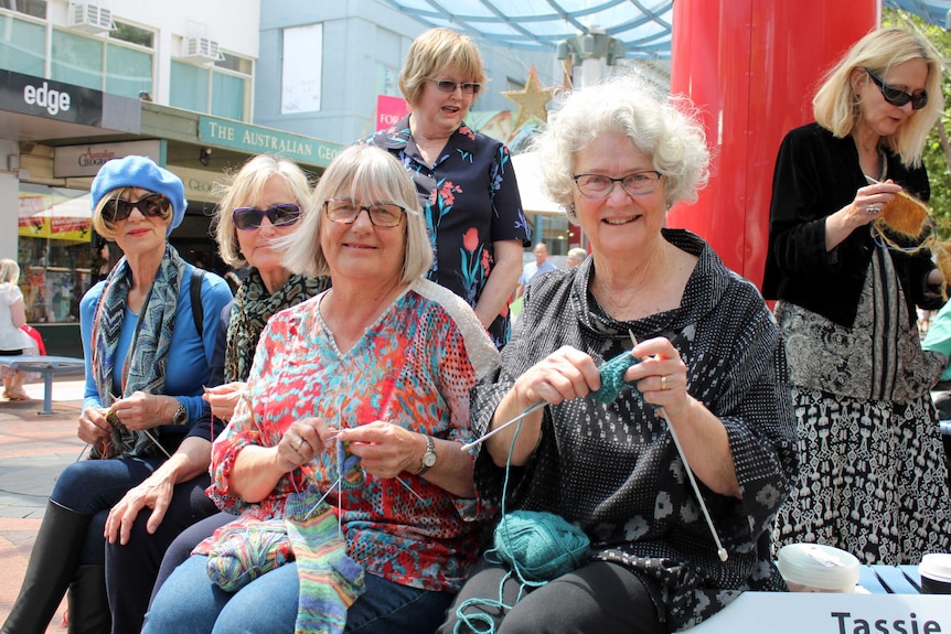 Tassie Nannas knitting in Hobart's Mall