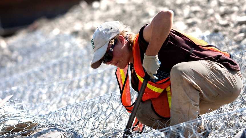 Female construction worker cuts fencing