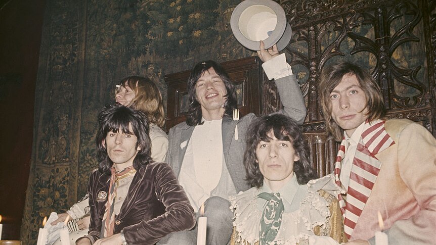 The Rolling Stones posed together in the Elizabethan room at the Kensington Gore Hotel to host a banquet to promote the launch of their 'Beggars Banquet' album in London on 5th December 1968. From left to right, Keith Richards (front), Brian Jones (behind), Mick Jagger, Bill Wyman and Charlie Watts.