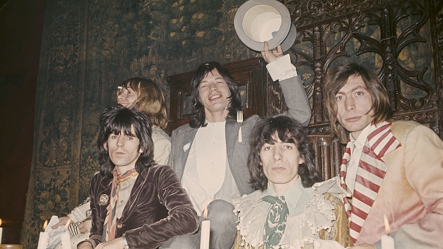 The Rolling Stones posed together in the Elizabethan room at the Kensington Gore Hotel to host a banquet to promote the launch of their 'Beggars Banquet' album in London on 5th December 1968. From left to right, Keith Richards (front), Brian Jones (behind), Mick Jagger, Bill Wyman and Charlie Watts.
