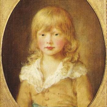 An oil painting of a young boy with long blonde hair