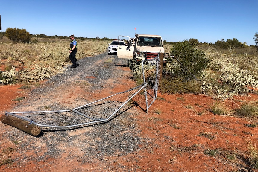 A gate which is laying on the ground damaged with cars in the background