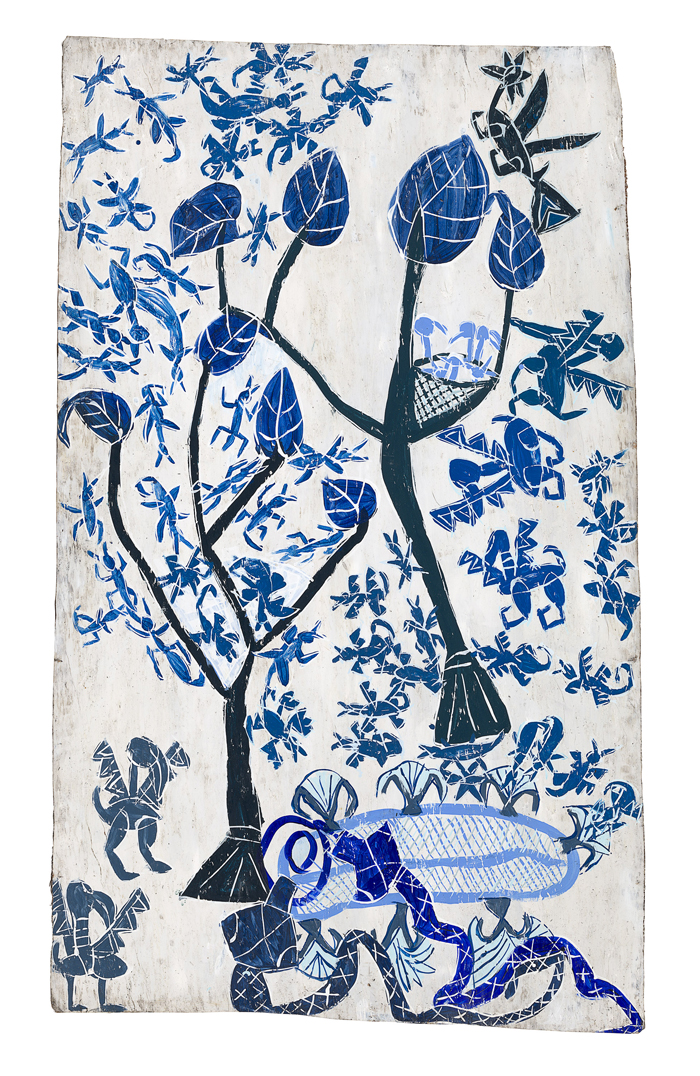 Bark painting, blue paint on a white background, showing scene with trees and animals.