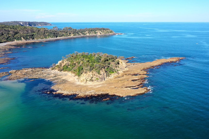 A flat island on the south coast of NSW, surrounded by sea, blue sky in horizon.