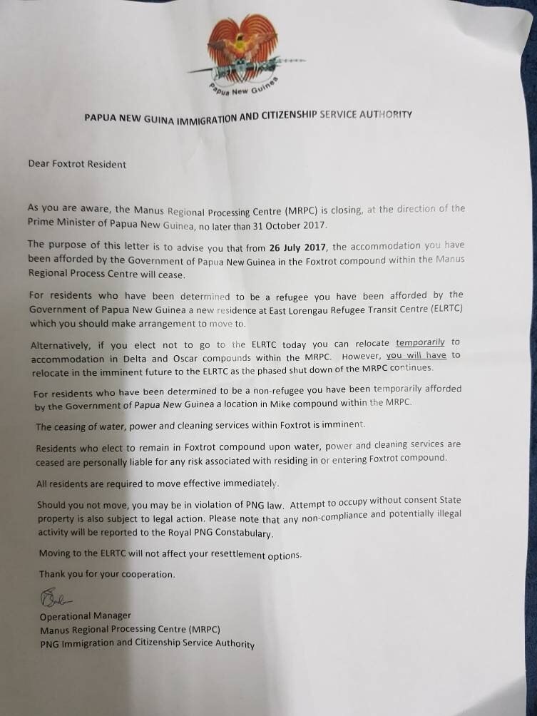 A photograph of a letter from the centre management to residents of Manus Island detention centre.
