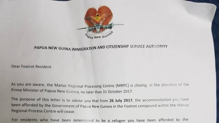 A photograph of a letter from the centre management to residents of Manus Island detention centre.