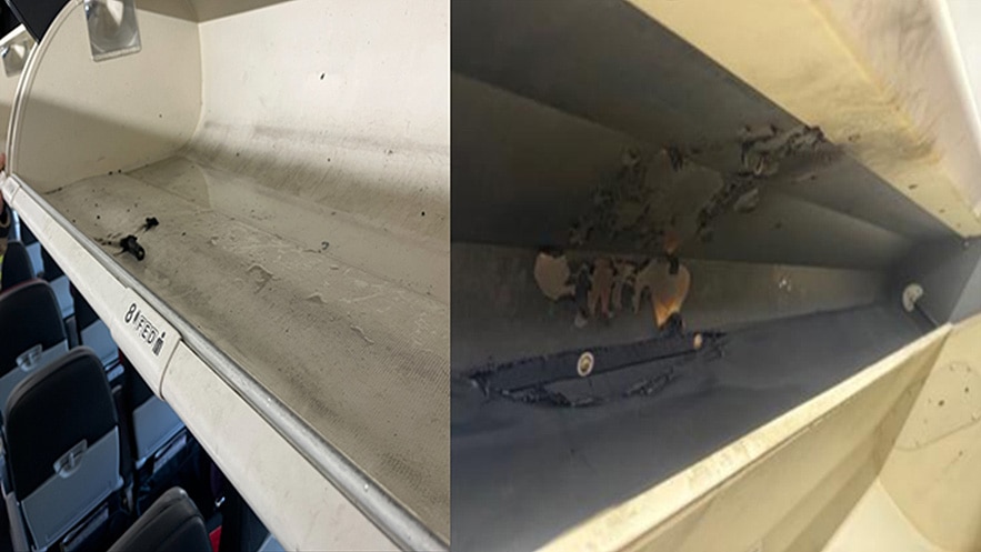 Un compartimento superior roto y vacío en un vuelo.