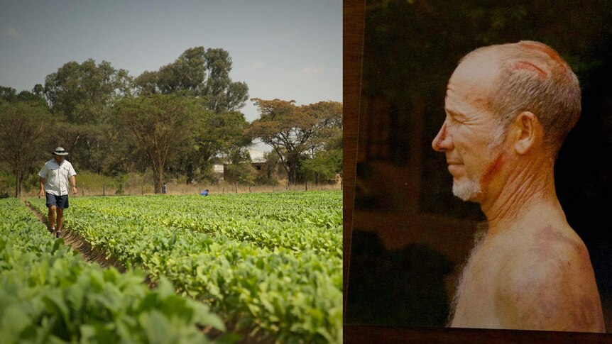 A composite image of Zimbabwe farmer Ian Kay and farmland.