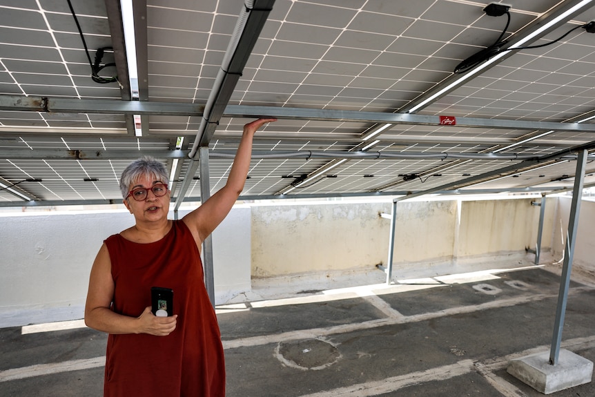 A woman stands inside a roof with her arm raised, gesturing towards solar panels.  