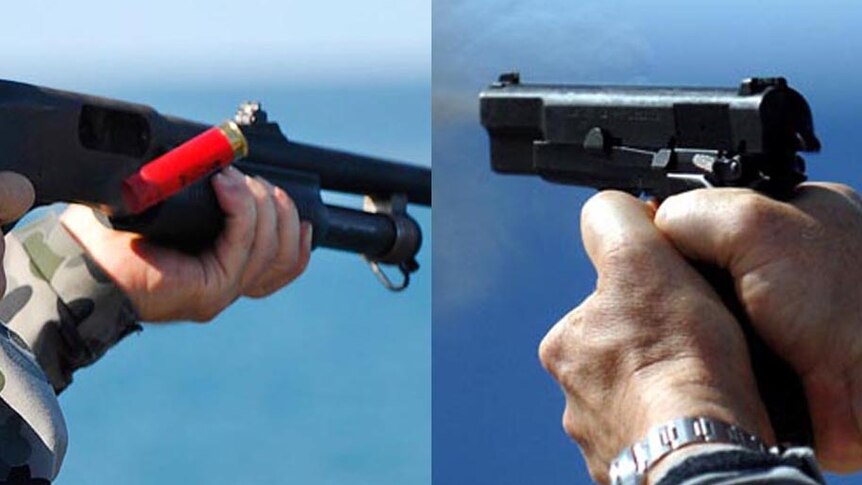 LtoR the Remington 870P pump-action shotgun and the Browning pistol.