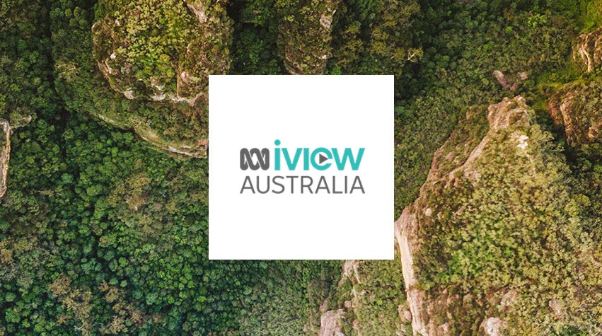 The ABC Australia iview logo with an aerial view of mountains.