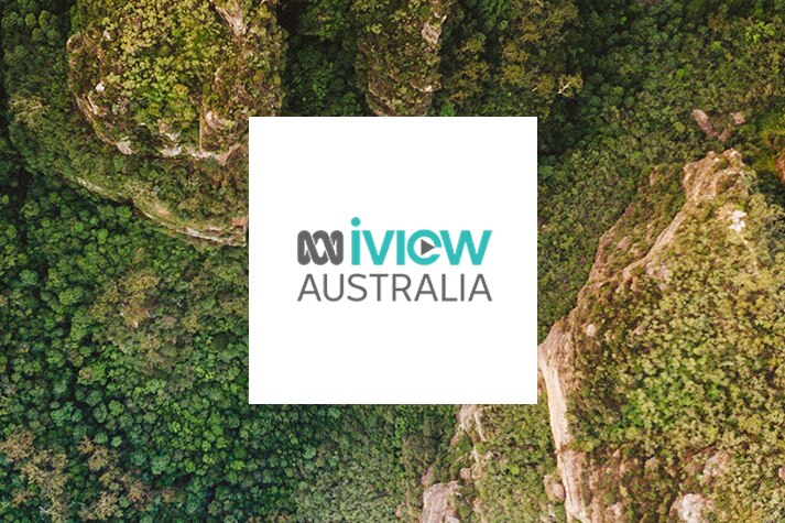The ABC Australia iview logo with an aerial view of mountains.