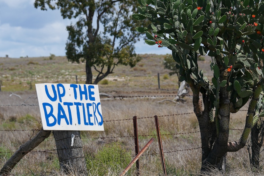 "Up the Battlers" sign on a fence near Taroom, Queensland November 2021.