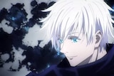 An image from an anime shows a smiling man with white hair.