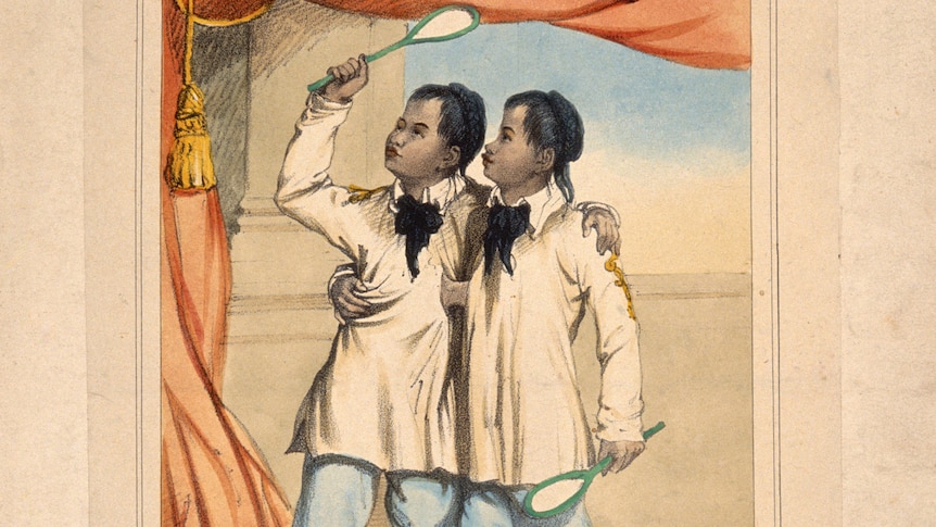 Chang and Eng the Siamese twins, aged eighteen, playing badminton