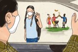 Illustration of a parent wearing a mask dropping off a child in a story about shared custody in the time of coronavirus.