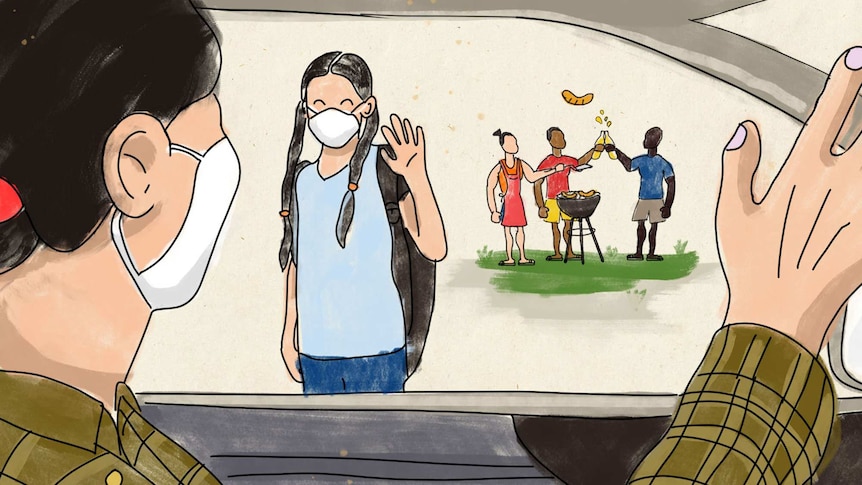 Illustration of a parent wearing a mask dropping off a child in a story about shared custody in the time of coronavirus.
