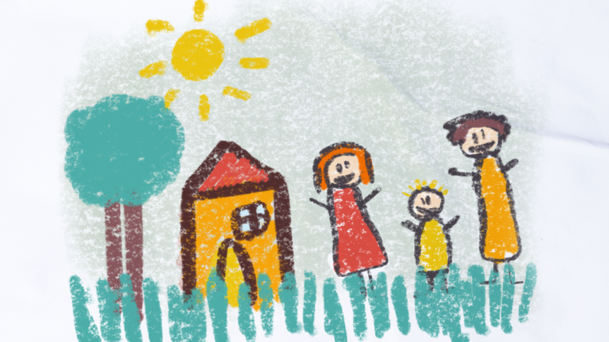 Child-like drawing of three people outside a house