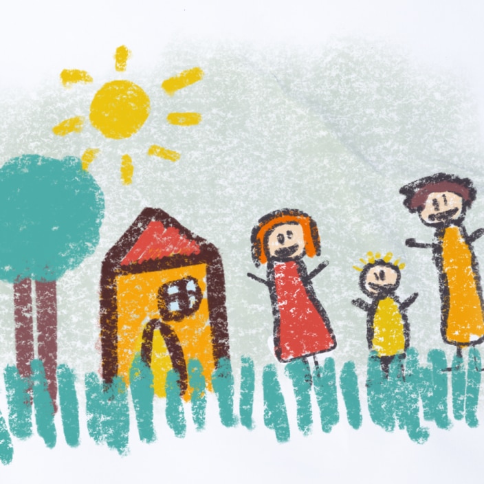 Child-like drawing of three people outside a house