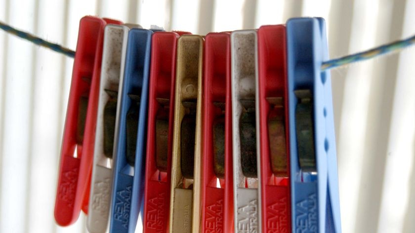 A row of clothes pegs hang from a clothes line