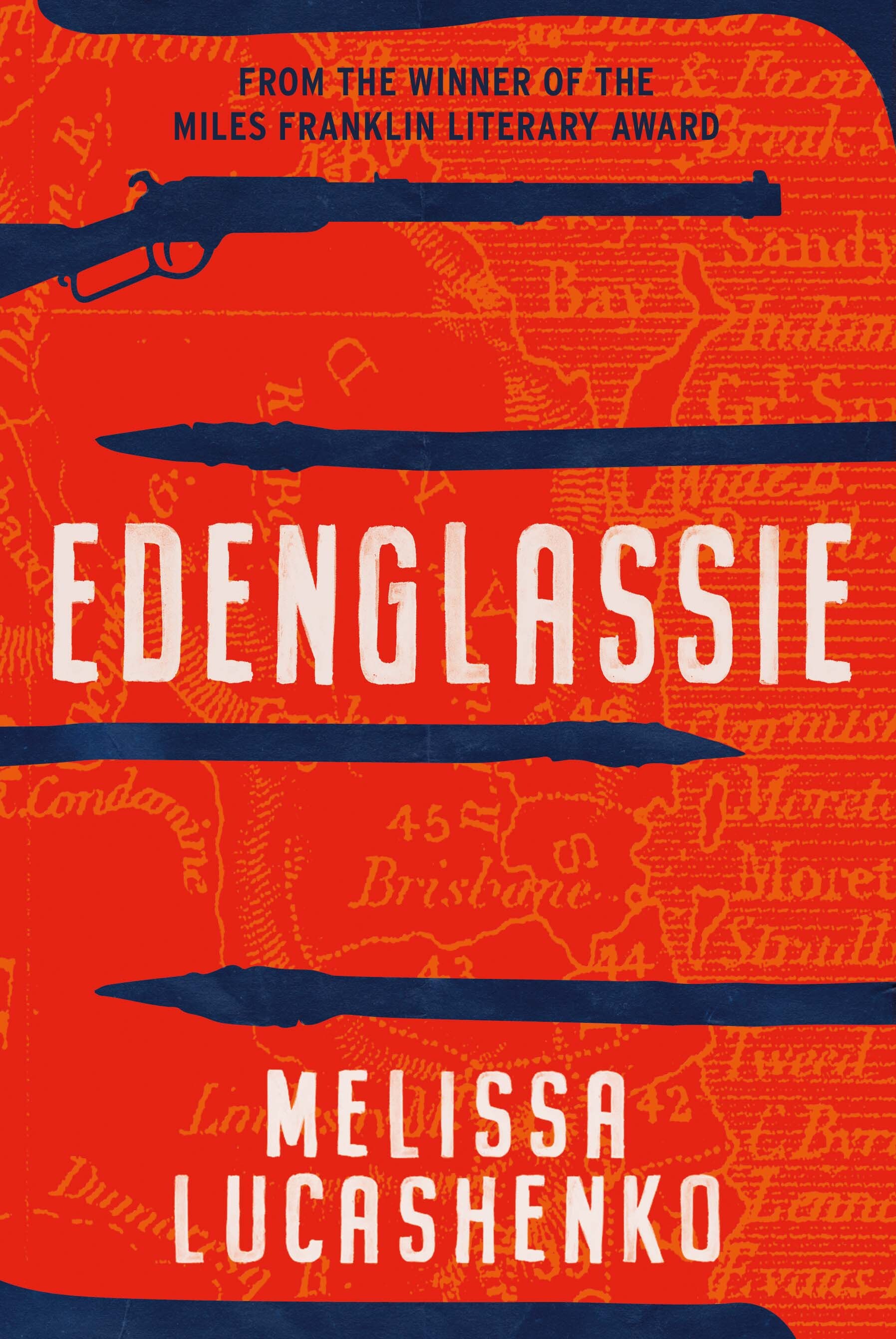 A book cover showing weapons silhouetted against a red background