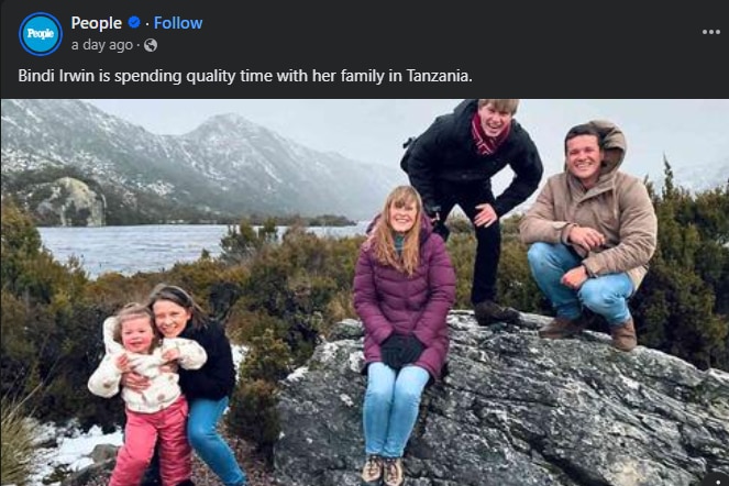  A social media post promoting an article about Bindi Irwin's family holiday
