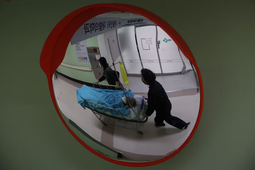 A patient lies on a hospital bed being wheeled in a hallway