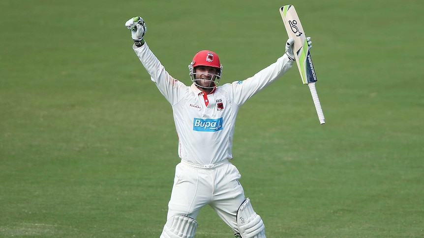 Phil Hughes celebrates a double century for South Australia