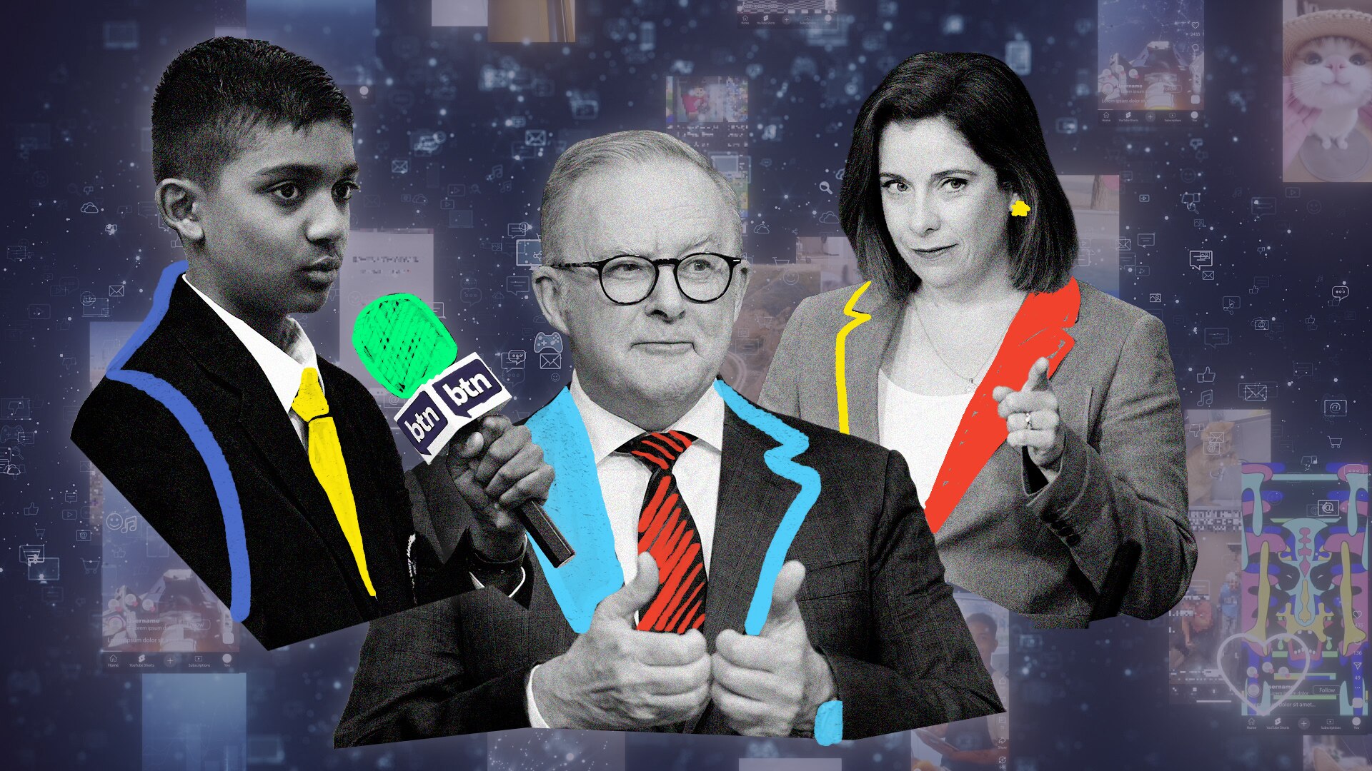 Collage of a student holding a BTN microphone, the PM gestures while talking and the COmmunications Minister points.