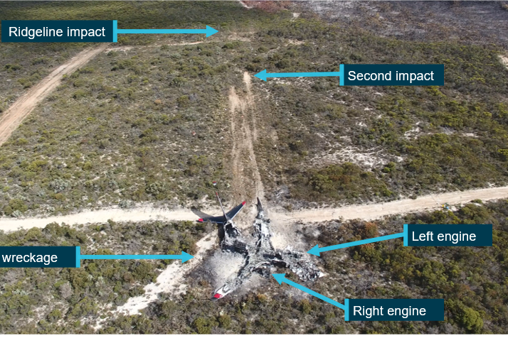 A picture of a crashed plane with text boxes showing the places where it crashed.