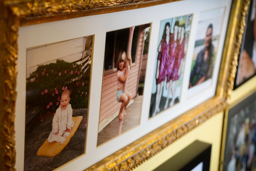 Photos of the Foster girls in a gold frame, showing them at different ages.