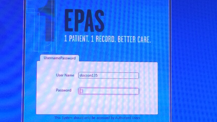 Login screen of SA electronic patient record system.
