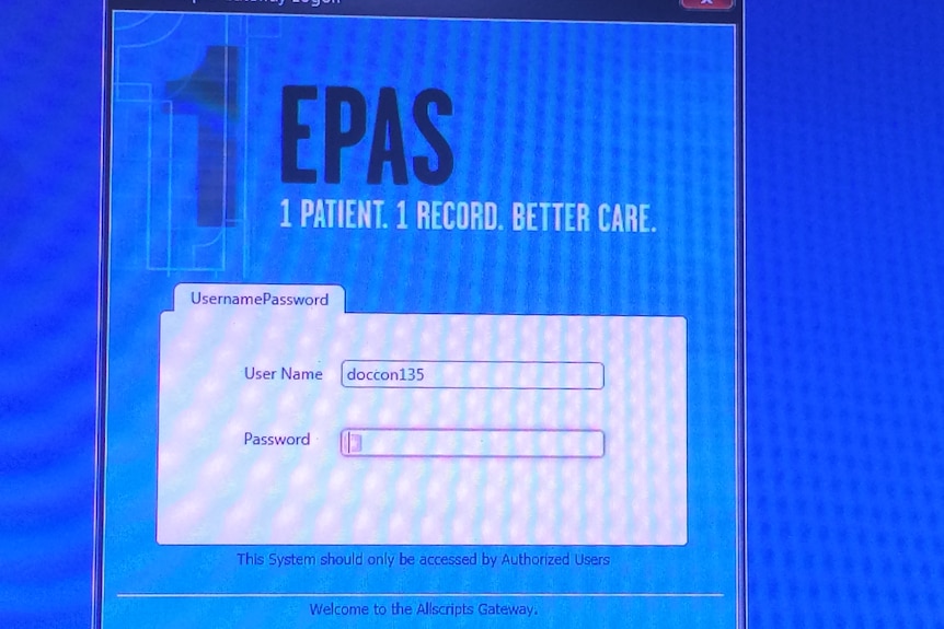 Login screen of SA electronic patient record system.