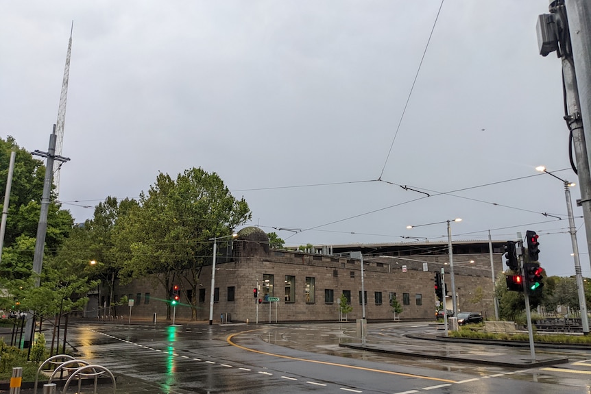 A quiet intersection in Melbourne's Southbank, on a very grey and rainy day.