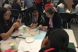 High school girls working at Power of Engineering Day