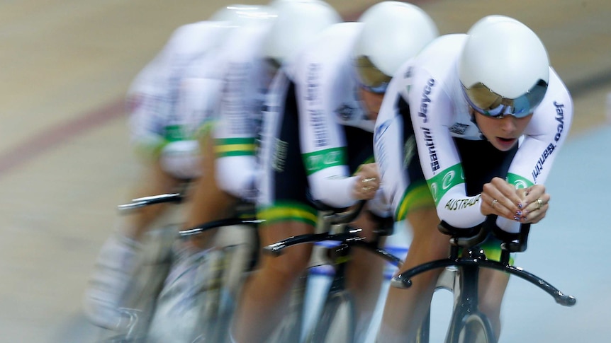 Annette Edmondson, Ashlee Ankundioff, Amy Cure and Melissa Hoskins of Australia Cycling team compete in the Womens Team Pursuit