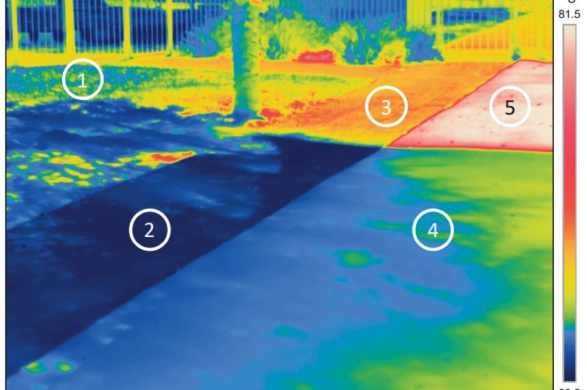 Thermal photo of surface temperatures at an outdoor playspace.
