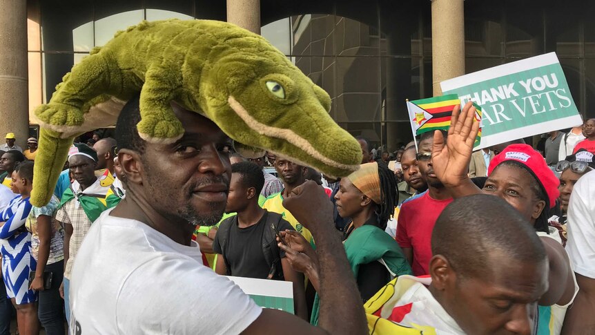 A man with a stuffed crocodile on his head among a crowd of people on the street.